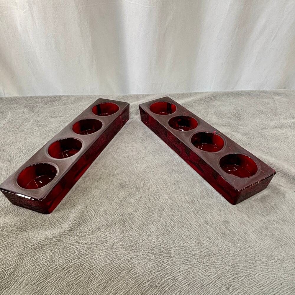 Crate & Barrel Ruby Red Line Tealight Holder Heavy Glass 4 Candle Holes Lot of 2
